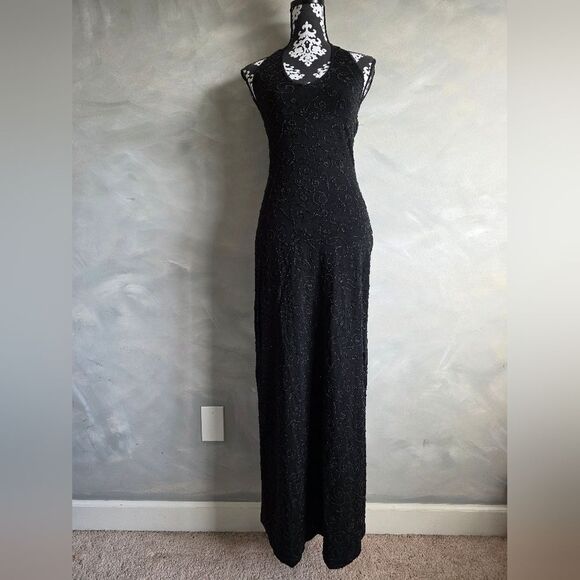 Cache Dresses & Skirts - Vintage Black Halter Beaded Maxi Dress Cache Sz M